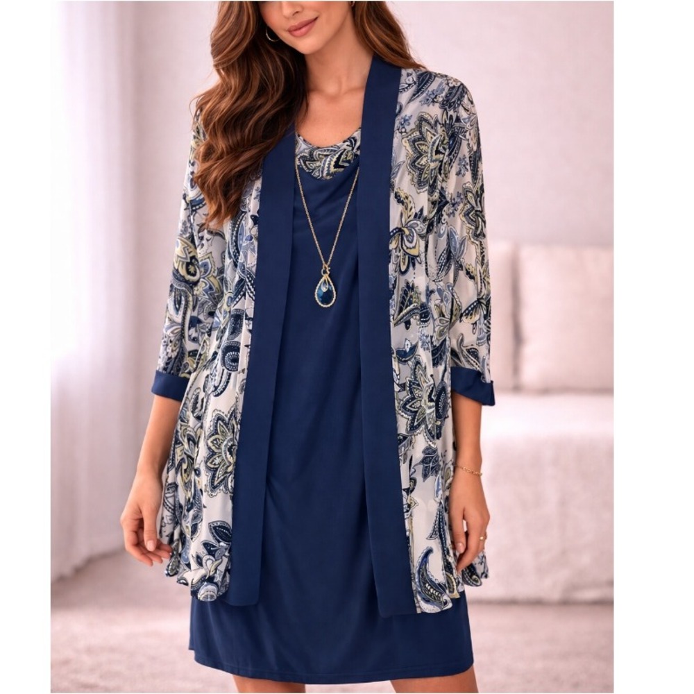 RM Richards Periwinkle White Dress with Short Print Jacket 2PC Set Size 12P‎ NWT